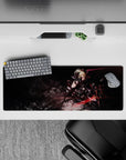 32x12 inches anime girl mouse pad in charcoal shadows with smoky rocks and sharp red light streaks.