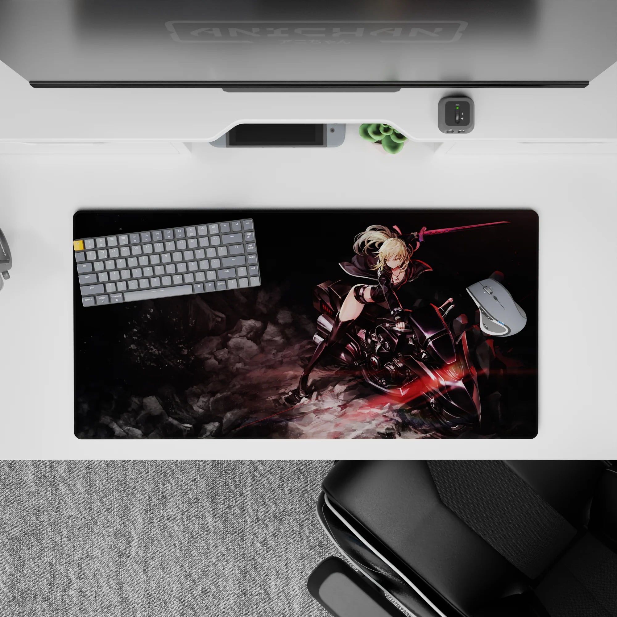 32x16 inches anime mouse pad in charcoal blacks with smoky rocks and sharp red light streaks, fast vibe.