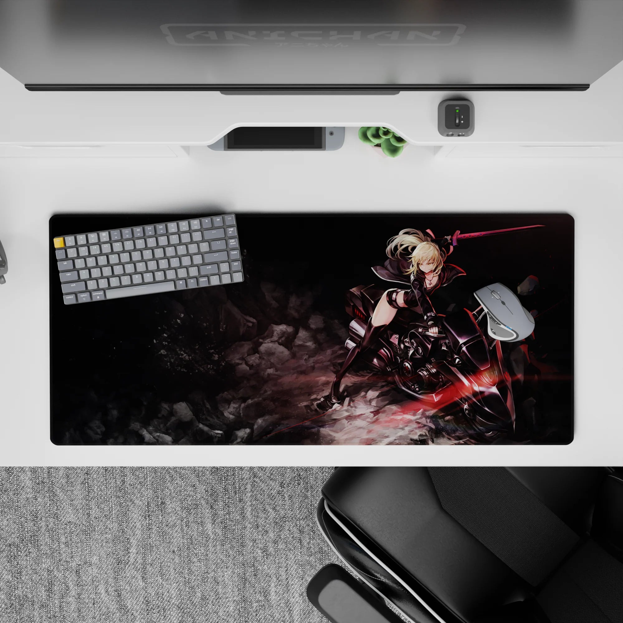 Dark charcoal anime desk pad 36x16 inches with red light streaks, smoky rocks, fast sci-fi vibe.