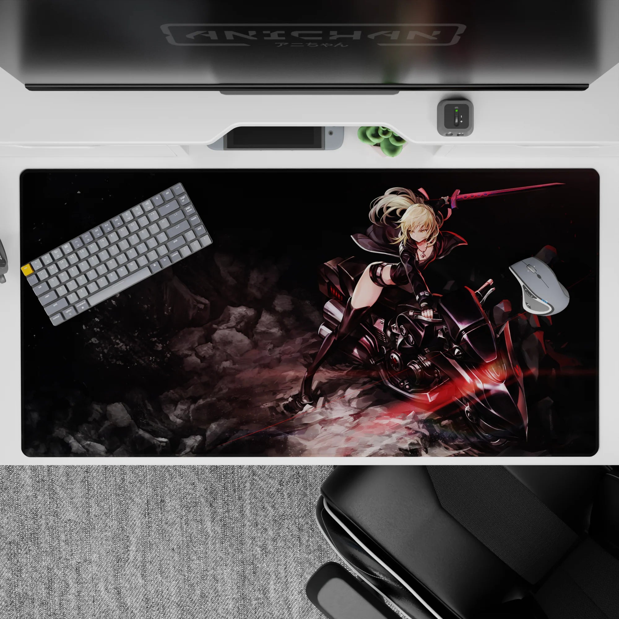 Dark charcoal anime desk pad 40x20 inches with smoky rocks and red light streaks, fast edgy vibe.