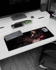 32x12 inches anime girl mouse pad showing a blonde warrior in black perched on a sleek bike, sword up.