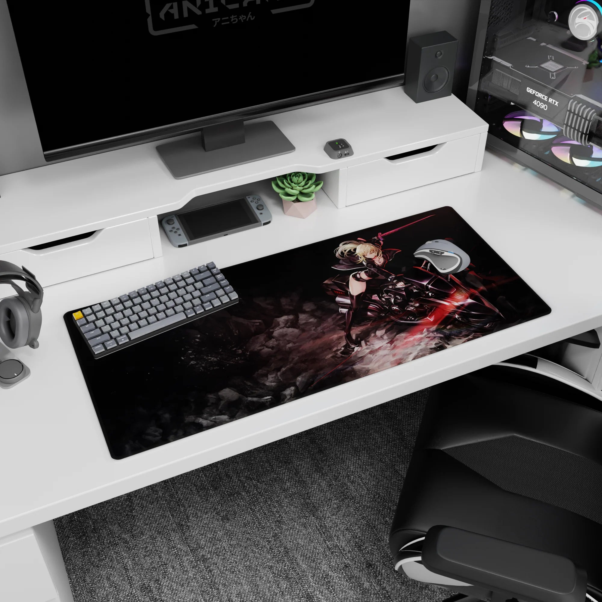 Blonde anime warrior in black on a futuristic motorcycle desk pad 36x16 inches, blade poised to strike.