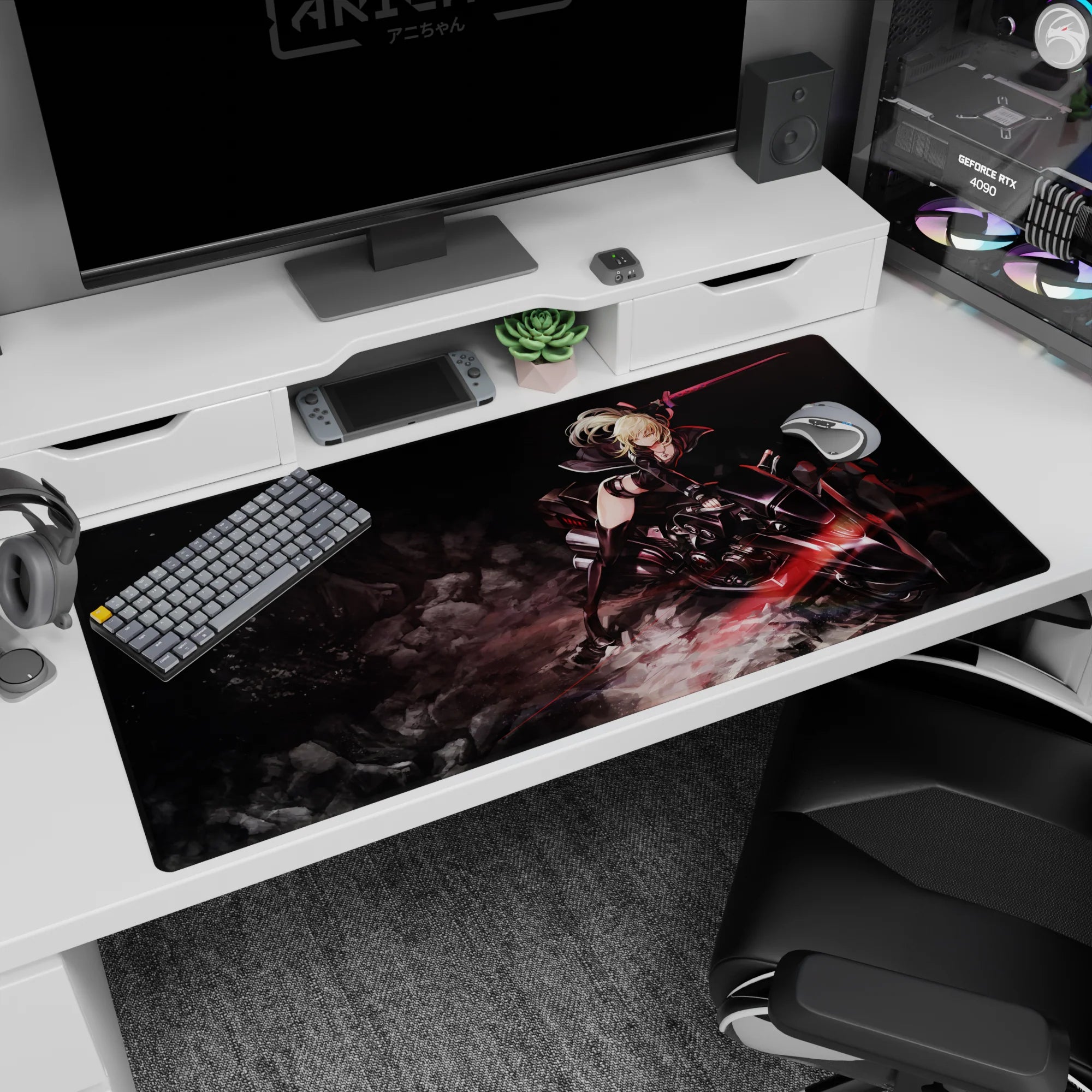 Blonde anime warrior in black on a sleek futuristic bike desk pad 40x20 inches, sword raised.