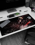Blonde anime warrior in black on a sleek futuristic bike desk pad 40x20 inches, sword raised.