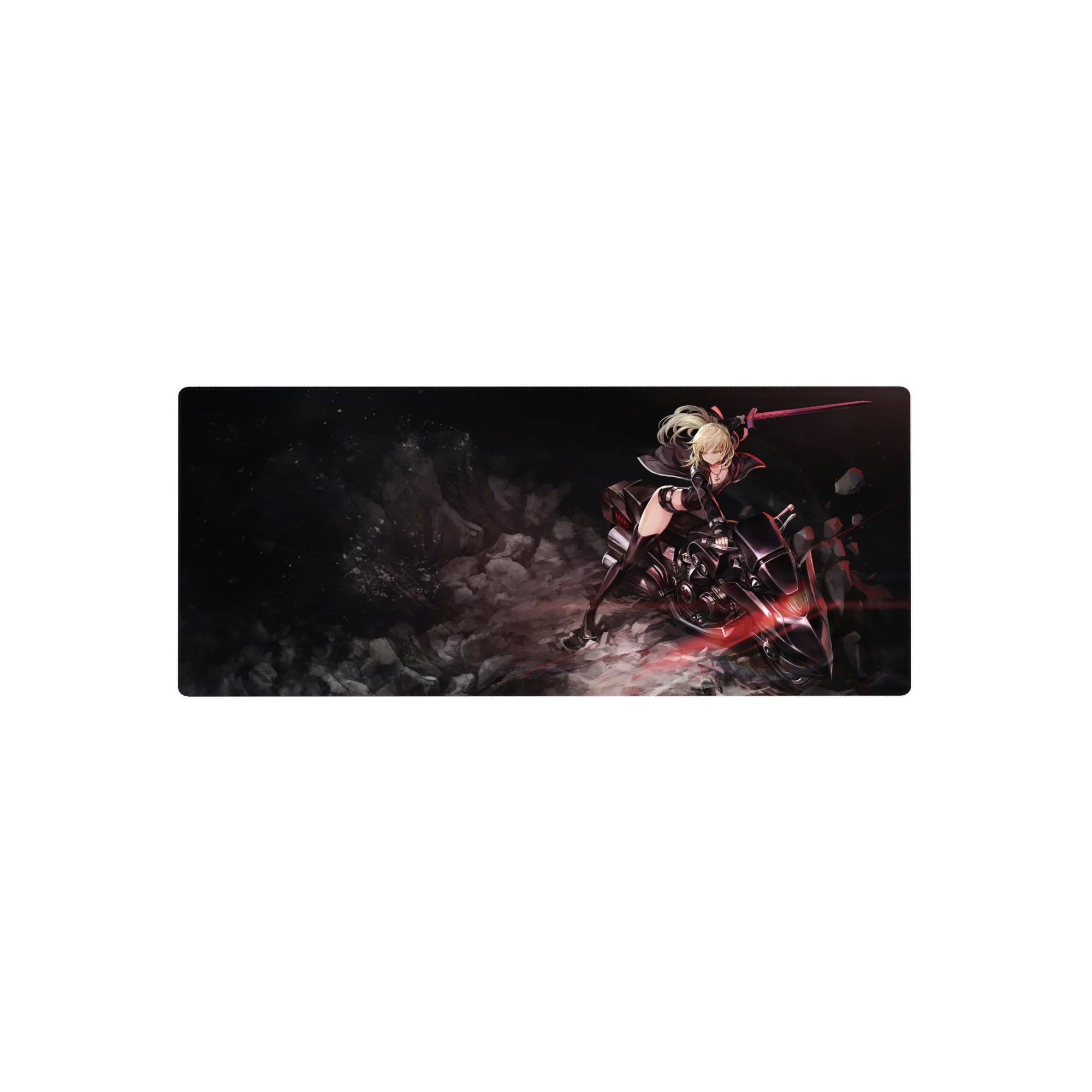 28x12 inches anime girl mouse pad with blonde warrior on a sci-fi bike, sword raised, bold desk art.