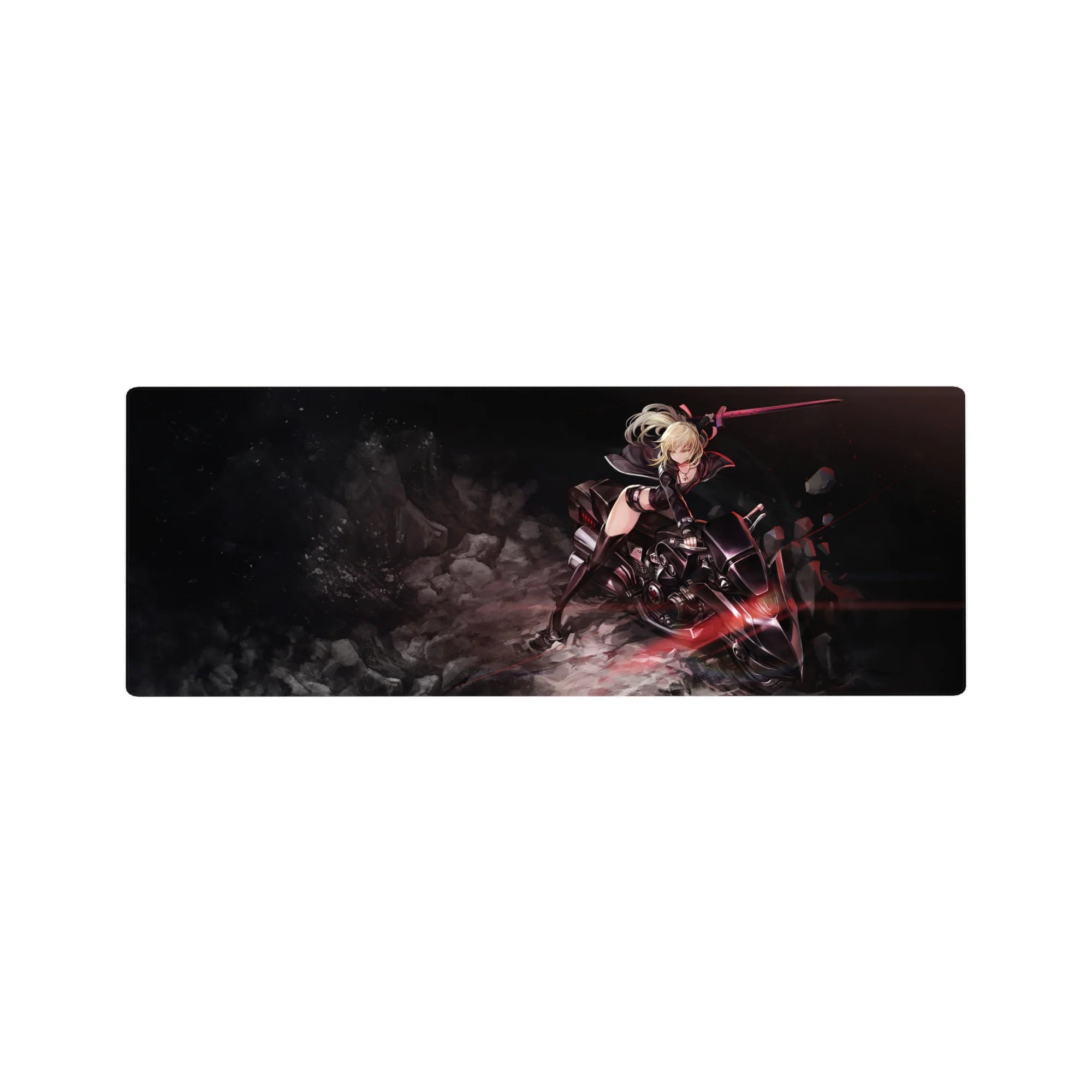 32x12 inches anime girl mouse pad with blonde warrior on sci-fi bike, blade raised, bold action art.