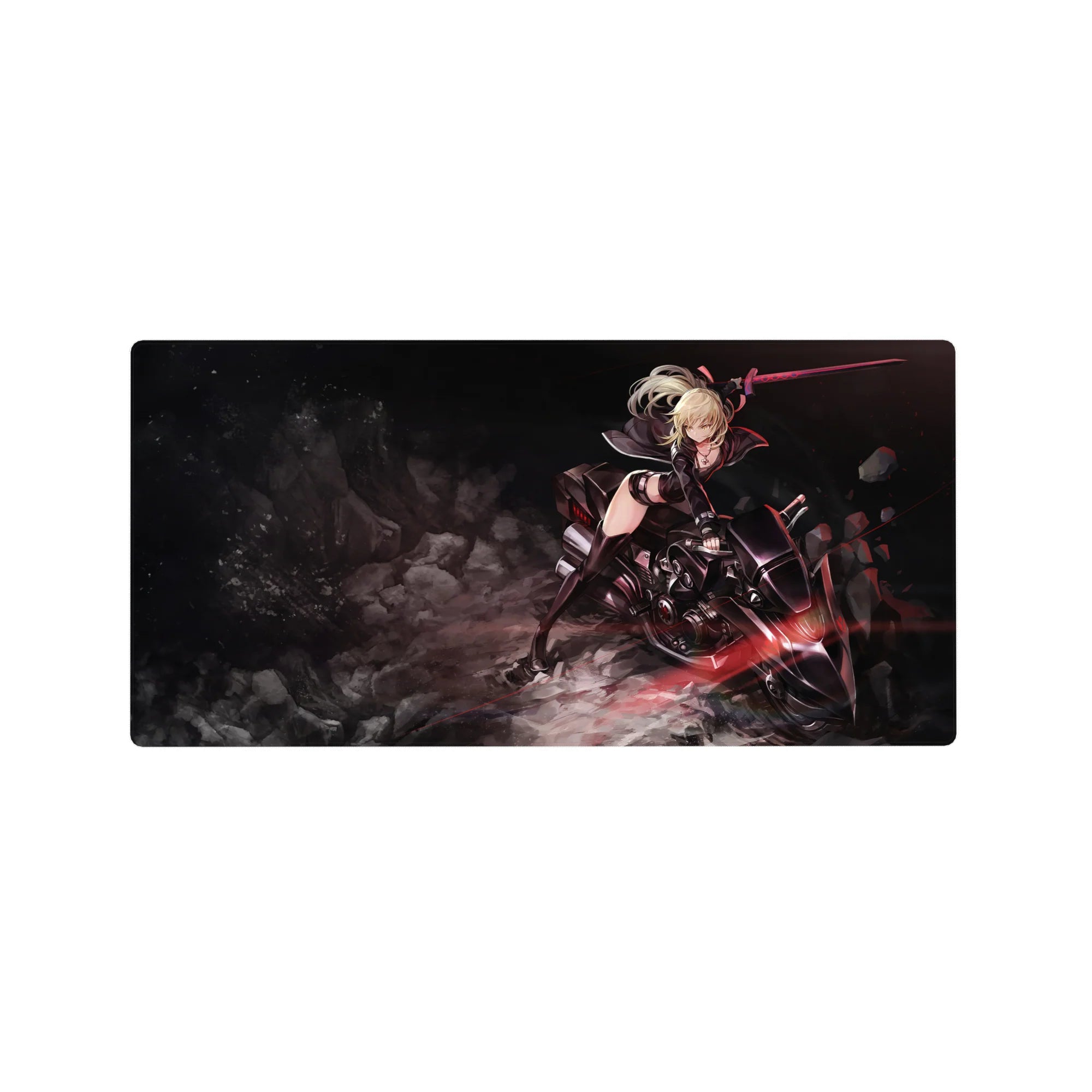 32x16 inches anime girl mouse pad with blonde warrior on sci-fi bike, blade raised, bold desk mat.
