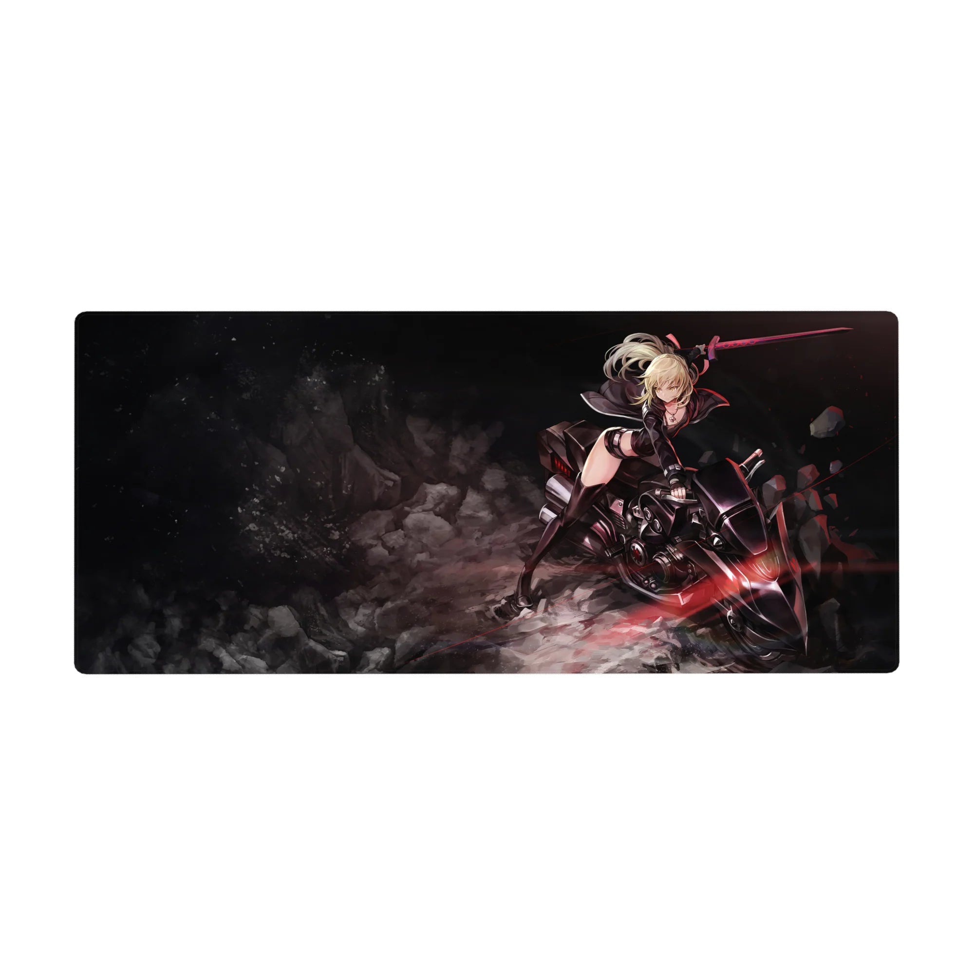 Anime girl desk pad 36x16 inches with blonde warrior on sci-fi bike, sword raised, bold anime art.