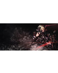 Anime girl desk pad 36x16 inches with blonde warrior on sci-fi bike, sword raised, bold anime art.
