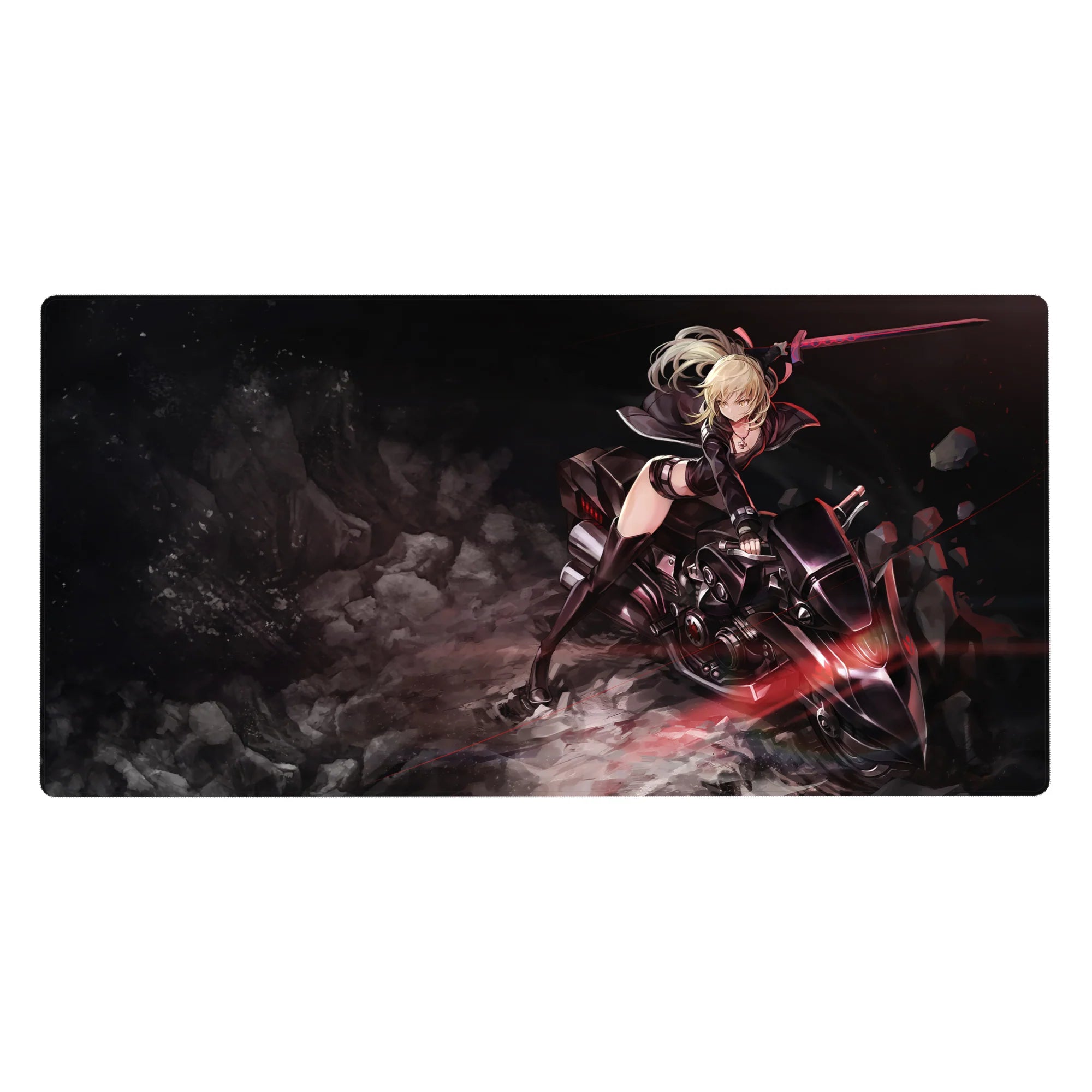 Anime girl desk pad 40x20 inches with blonde warrior on sci-fi bike, raised blade, bold print.