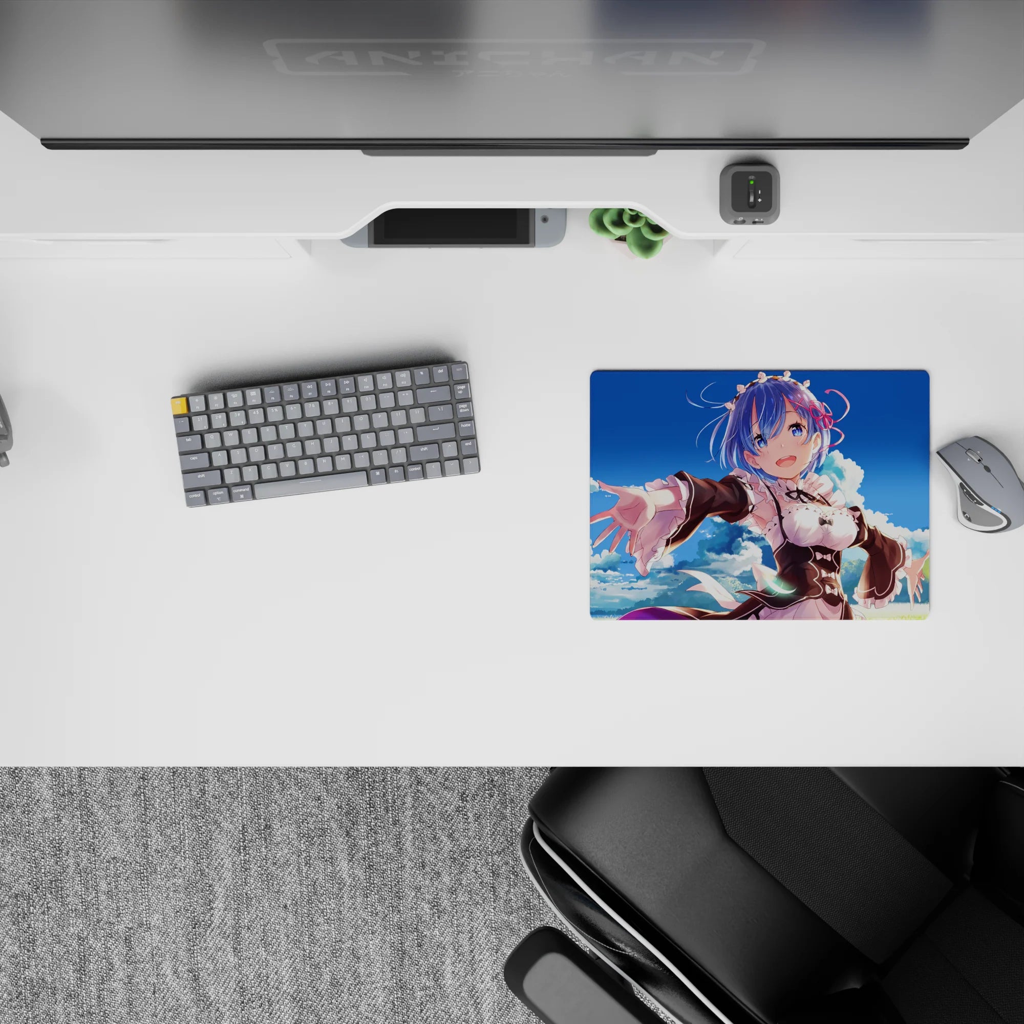 Anime mouse pad 14x10 inches featuring Rem from Re:Zero, with a blue sky and clouds, perfect for brightening any desk.