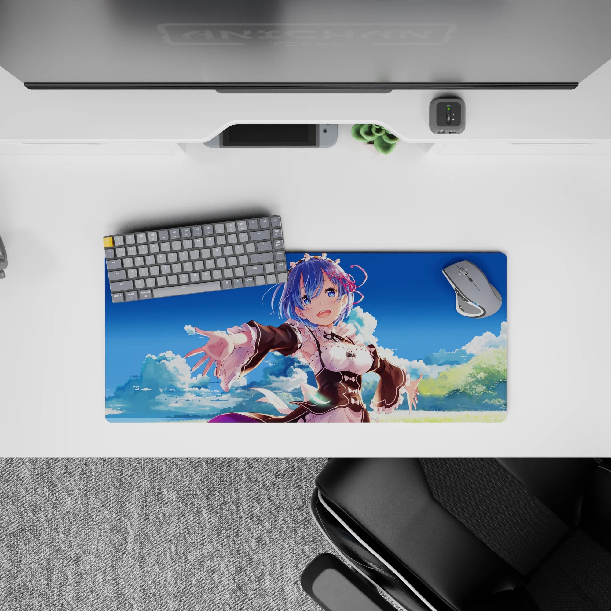 Anime mouse pad 28x12 inches featuring Rem from Re:Zero, with a clear blue sky and clouds, adds warmth to any desk.