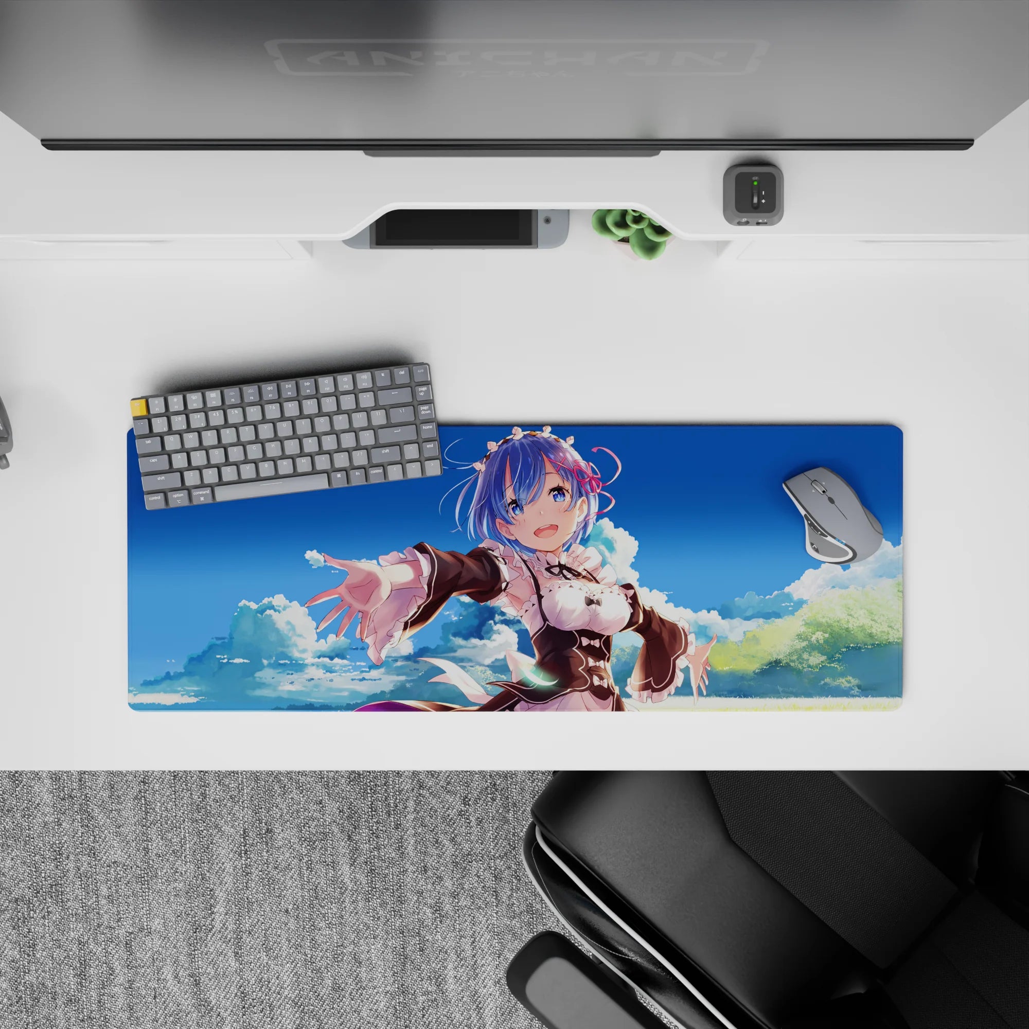 Anime mouse pad 32x12 inches featuring Rem from Re:Zero with a blue sky background, enhancing any desk space.