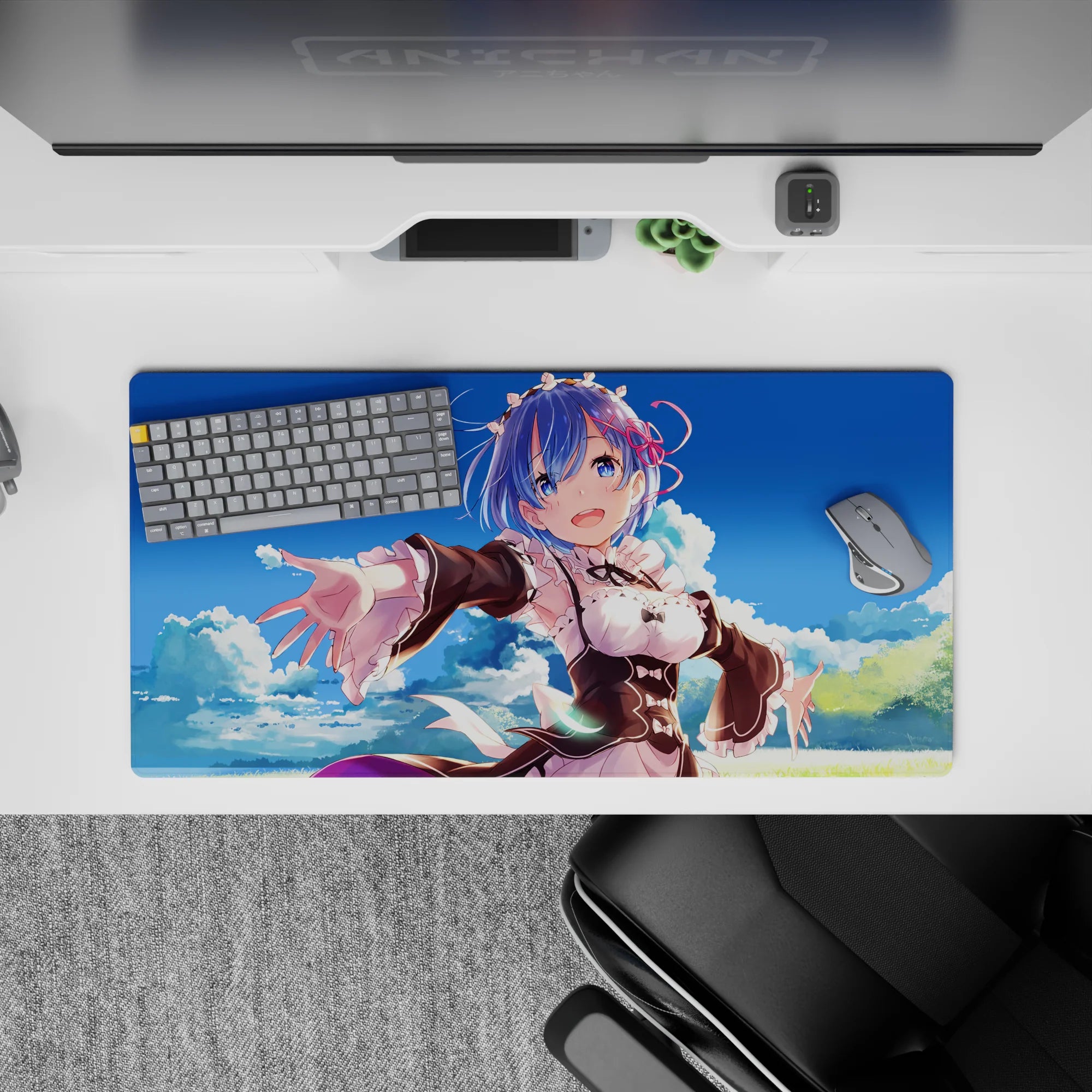 Anime mouse pad 32x16 inches featuring Rem from Re:Zero with a blue sky background, perfect for brightening up your desk.