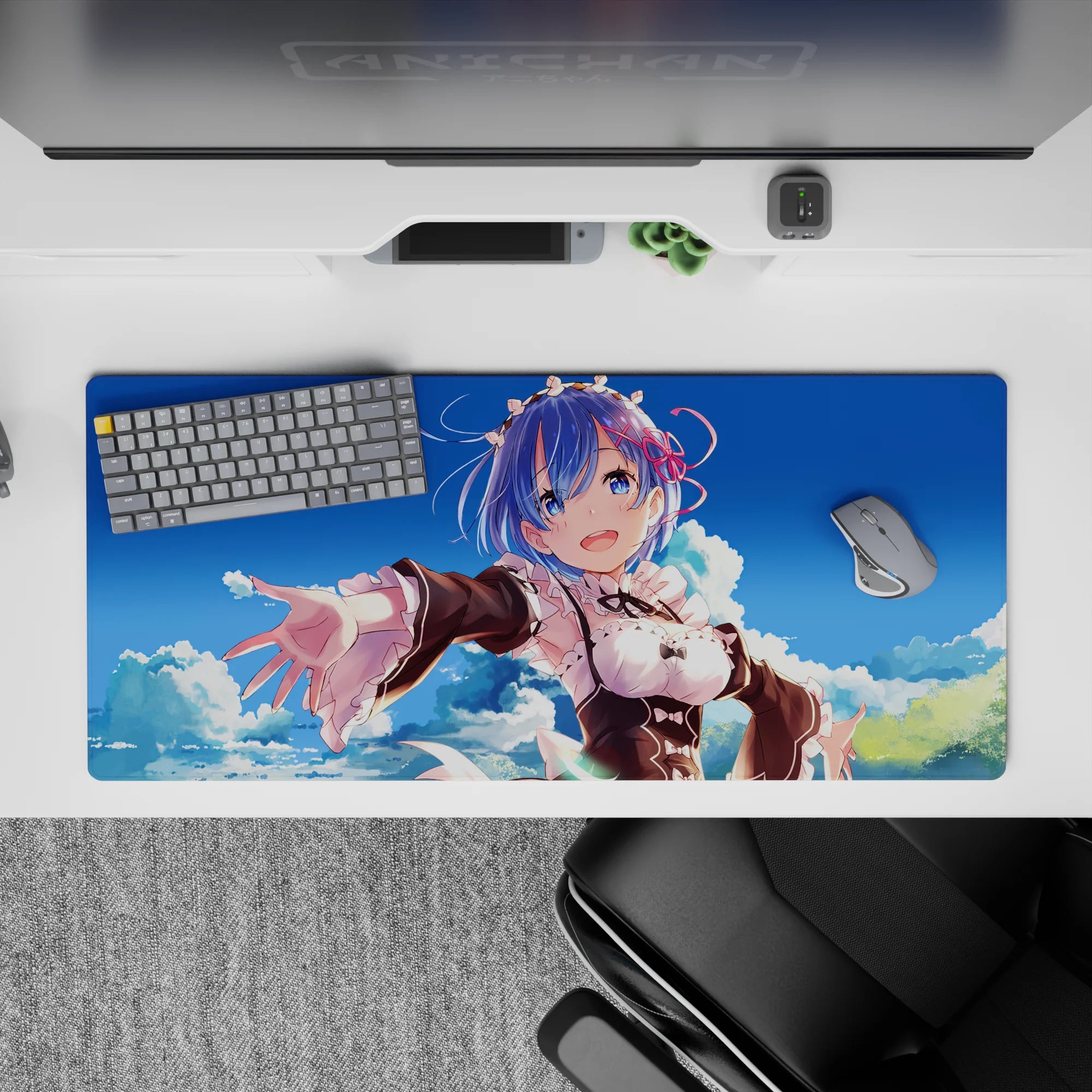 Anime desk pad 36x16 inches featuring Rem from Re:Zero with blue sky and clouds, providing a serene and vivid workspace.