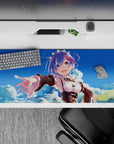 Anime desk pad 36x16 inches featuring Rem from Re:Zero with blue sky and clouds, providing a serene and vivid workspace.