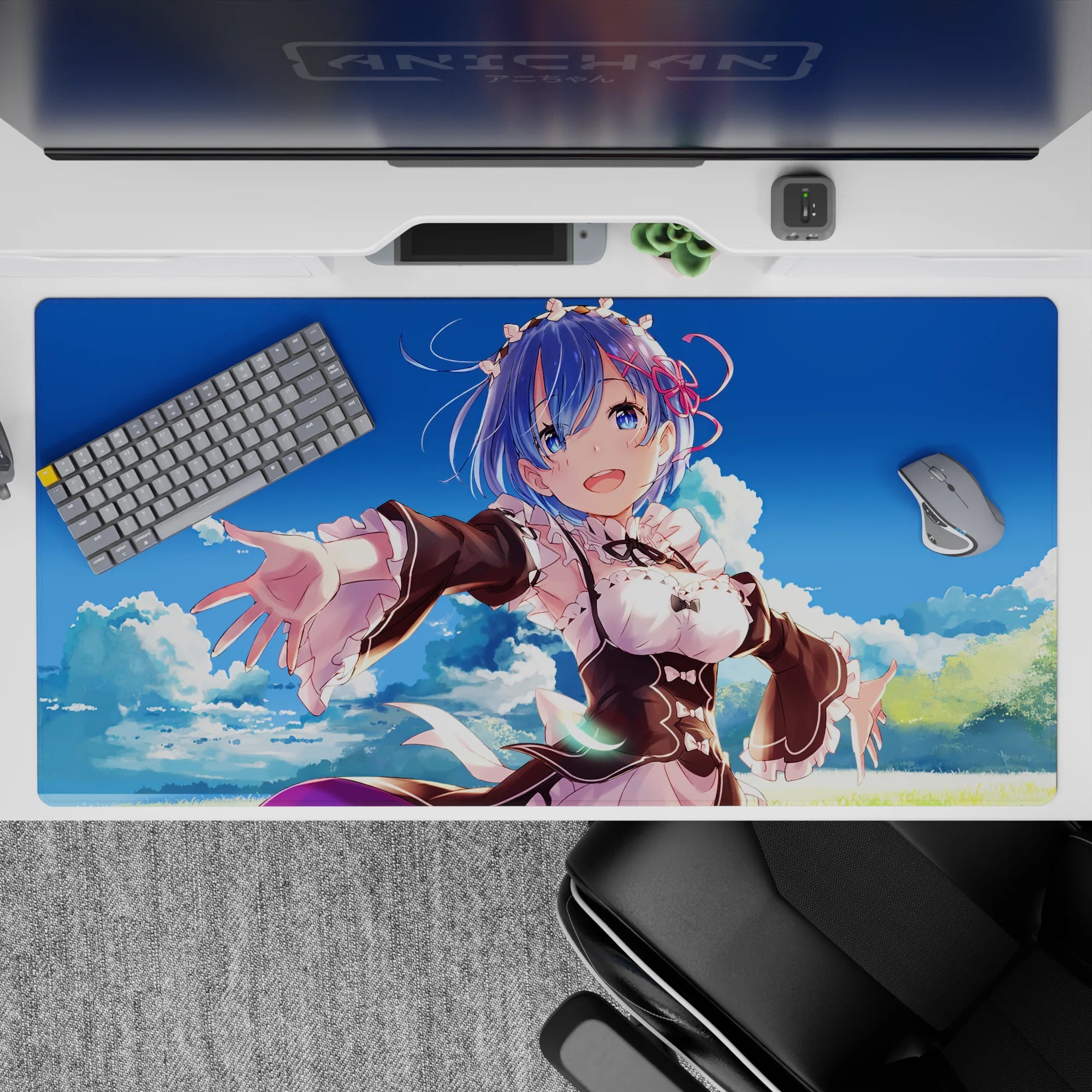 Anime desk pad 40x20 inches featuring Rem from Re:Zero, vibrant colors, serene blue sky, and soft clouds.