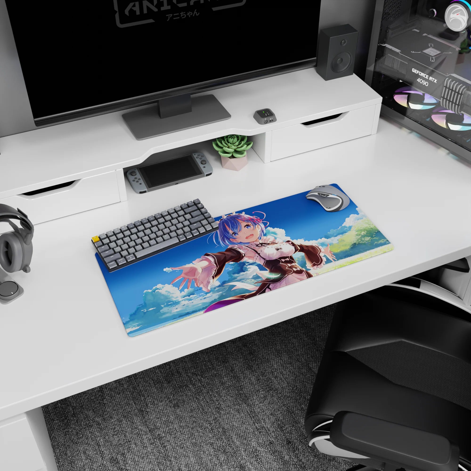 Anime mouse pad 28x12 inches featuring Rem from Re:Zero in a serene scene with blue sky and clouds, enhancing desk aesthetics.