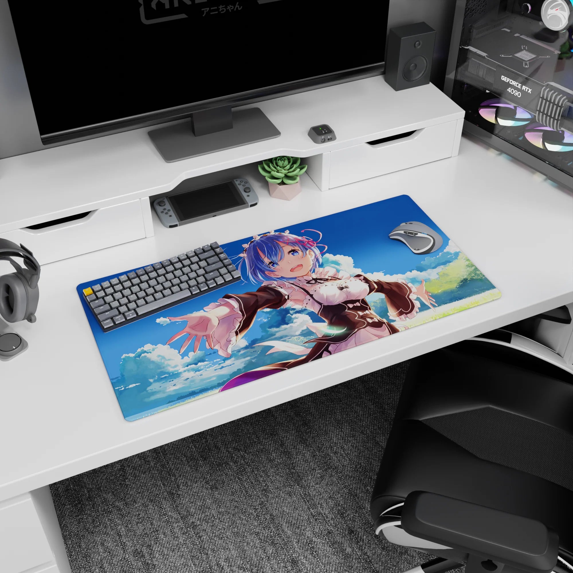 Rem from Re:Zero anime mouse pad, 32x16 inches, features bright summer scene with blue sky and clouds, enhancing desk space.