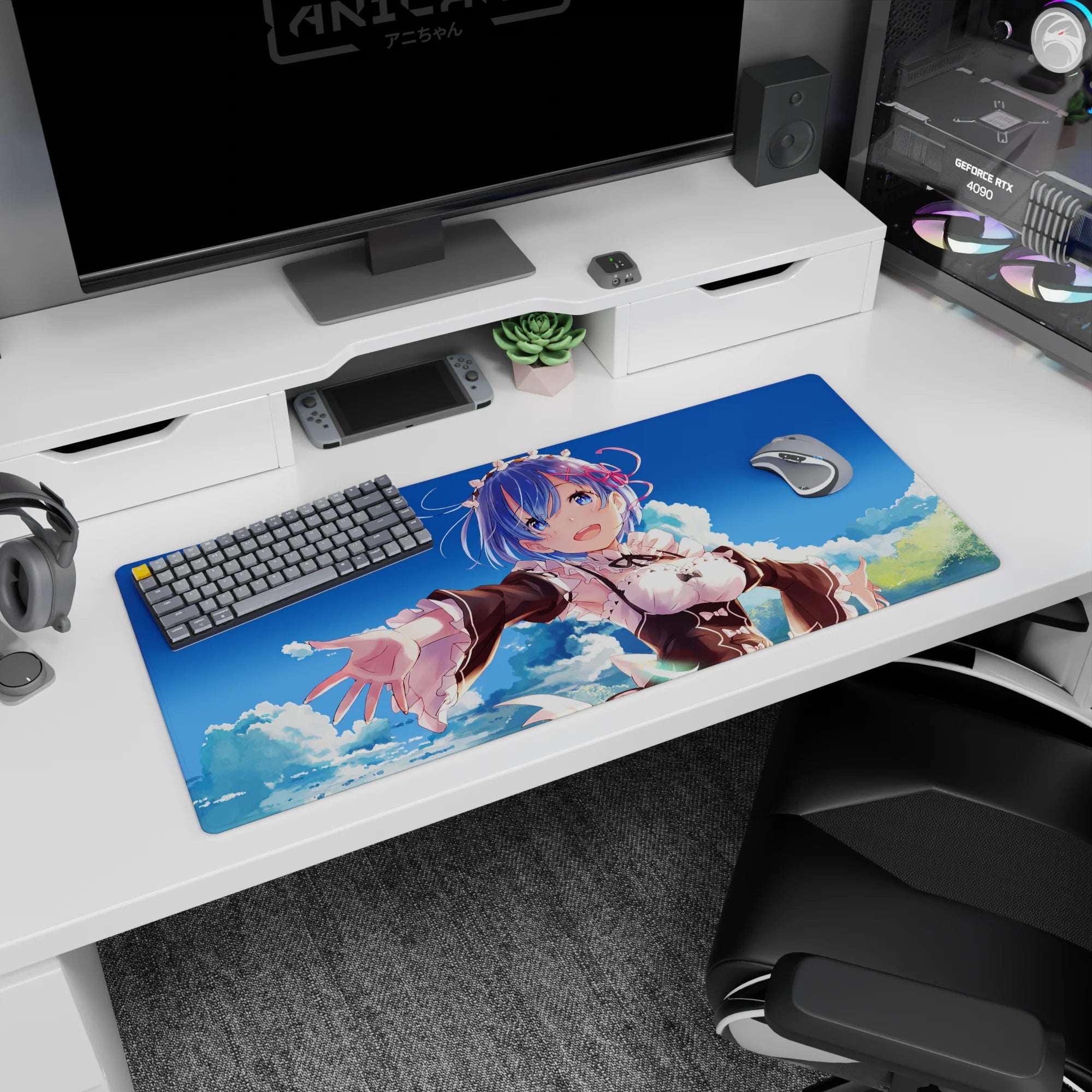 Anime desk pad 36x16 inches featuring Rem from Re:Zero, with a serene blue sky and clouds, vivid tones, and fine details.