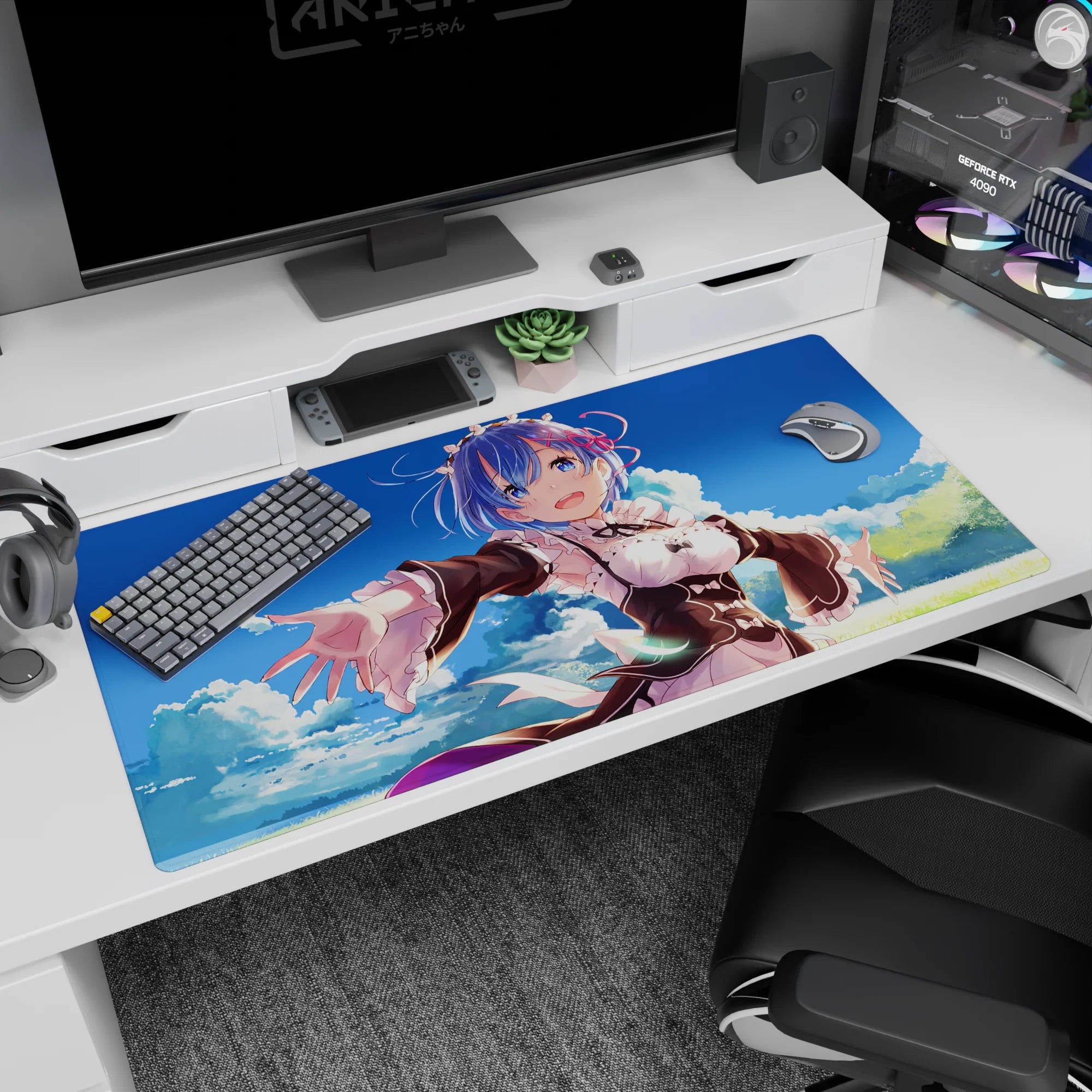 Anime desk pad 40x20 inches featuring Rem from Re:Zero with blue sky and clouds, adding warmth and serenity to any desk.