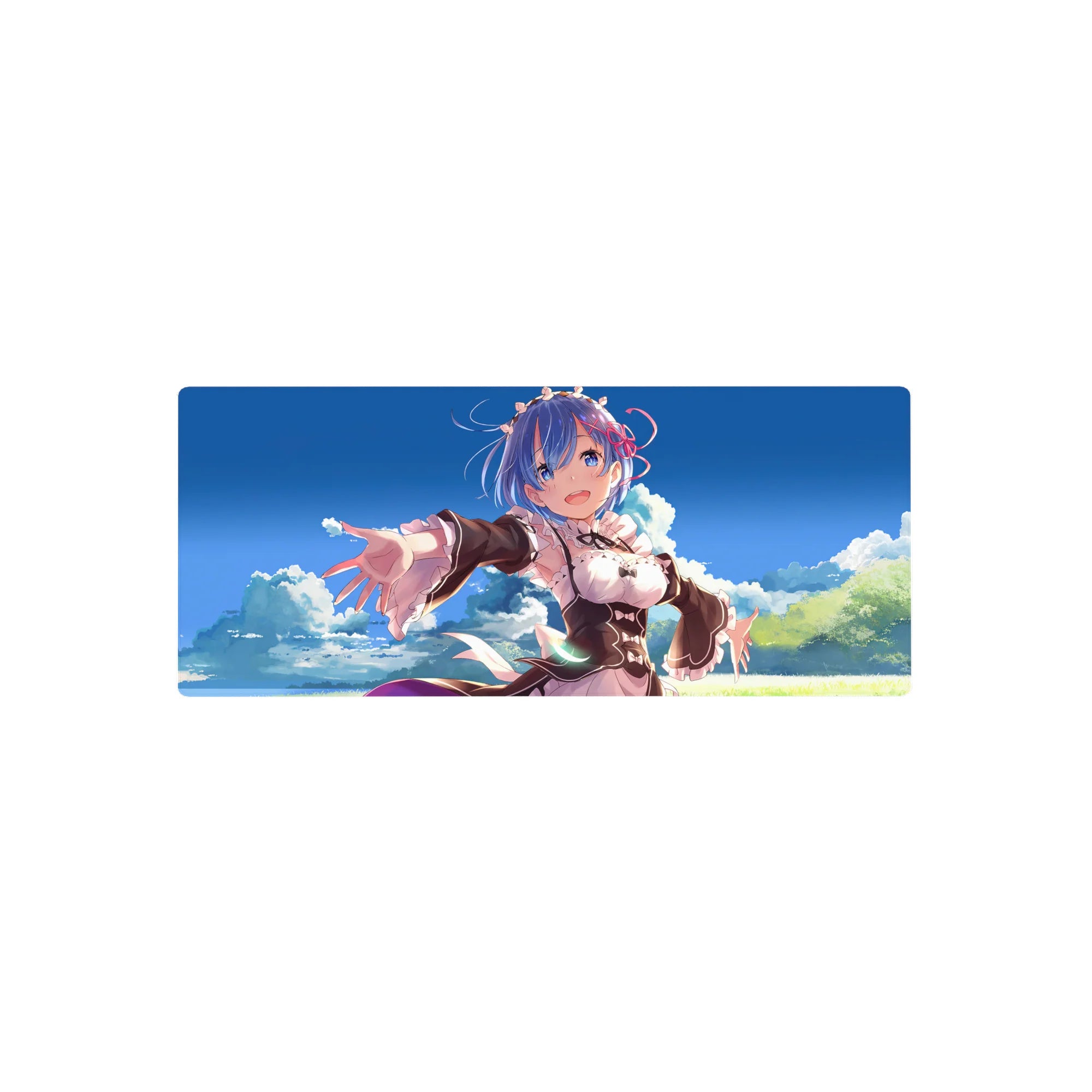 Anime mouse pad 28x12 inches featuring Rem from Re:Zero, with vibrant blue sky and clouds, evoking serenity and warmth.