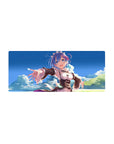 Anime mouse pad 28x12 inches featuring Rem from Re:Zero, with vibrant blue sky and clouds, evoking serenity and warmth.