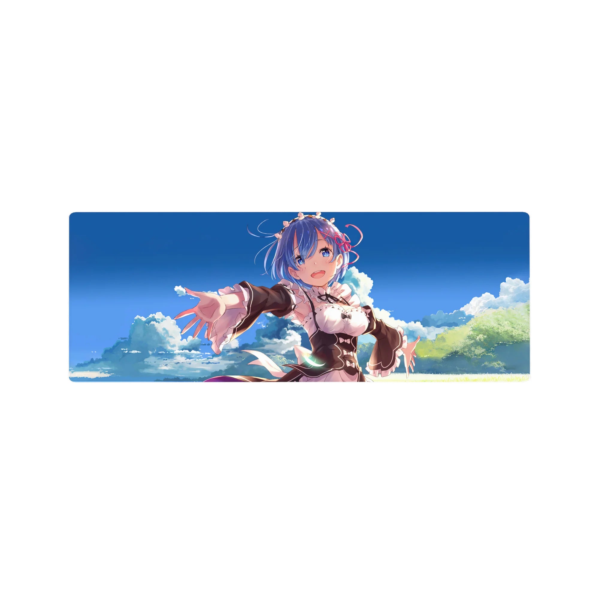 Anime mouse pad 32x12 inches featuring Rem from Re:Zero with a clear blue sky and clouds, adding warmth to desk space.