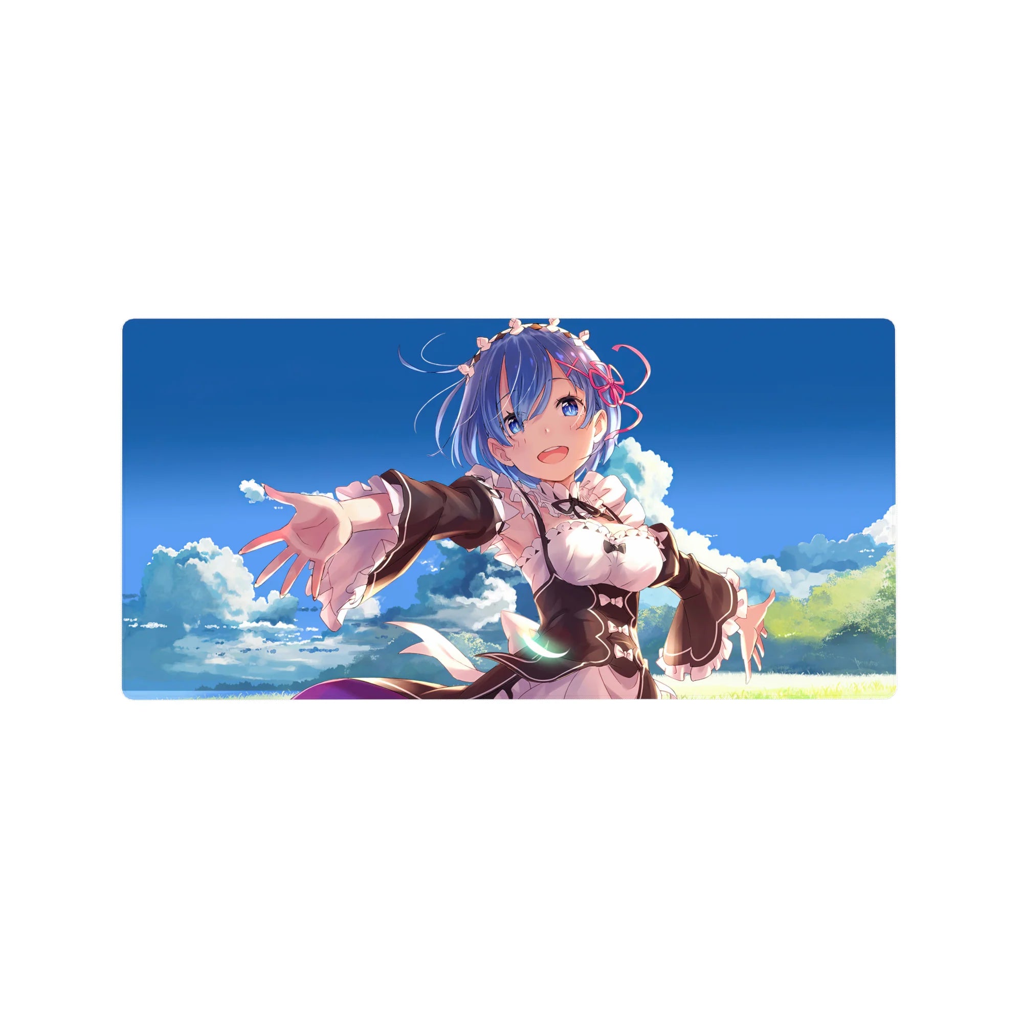 Anime mouse pad 32x16 inches featuring Rem from Re:Zero with a serene blue sky and soft clouds, enhancing desk space.