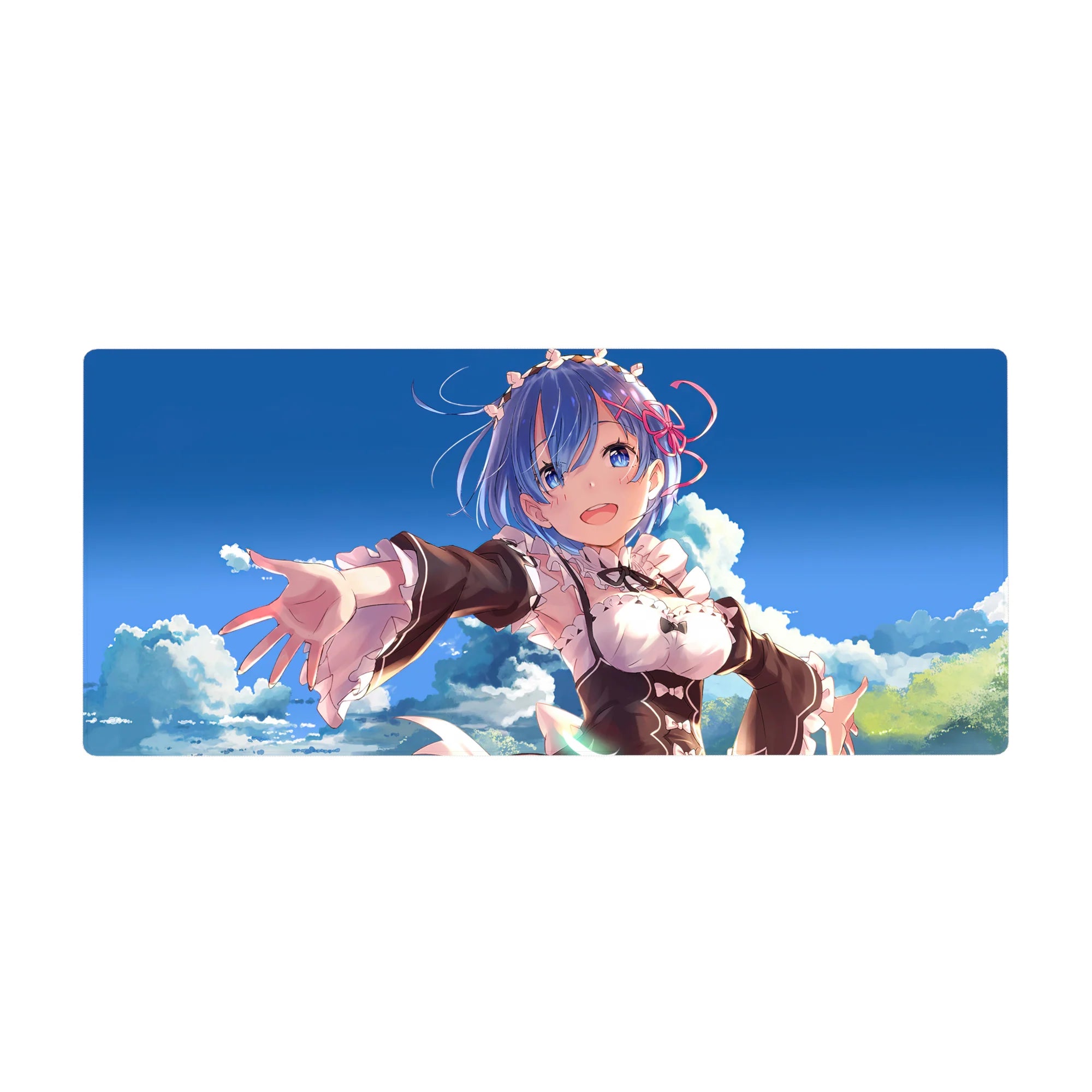 Rem from Re:Zero anime desk pad, 36x16 inches, bright summer theme with vivid tones, perfect for enhancing desk space.