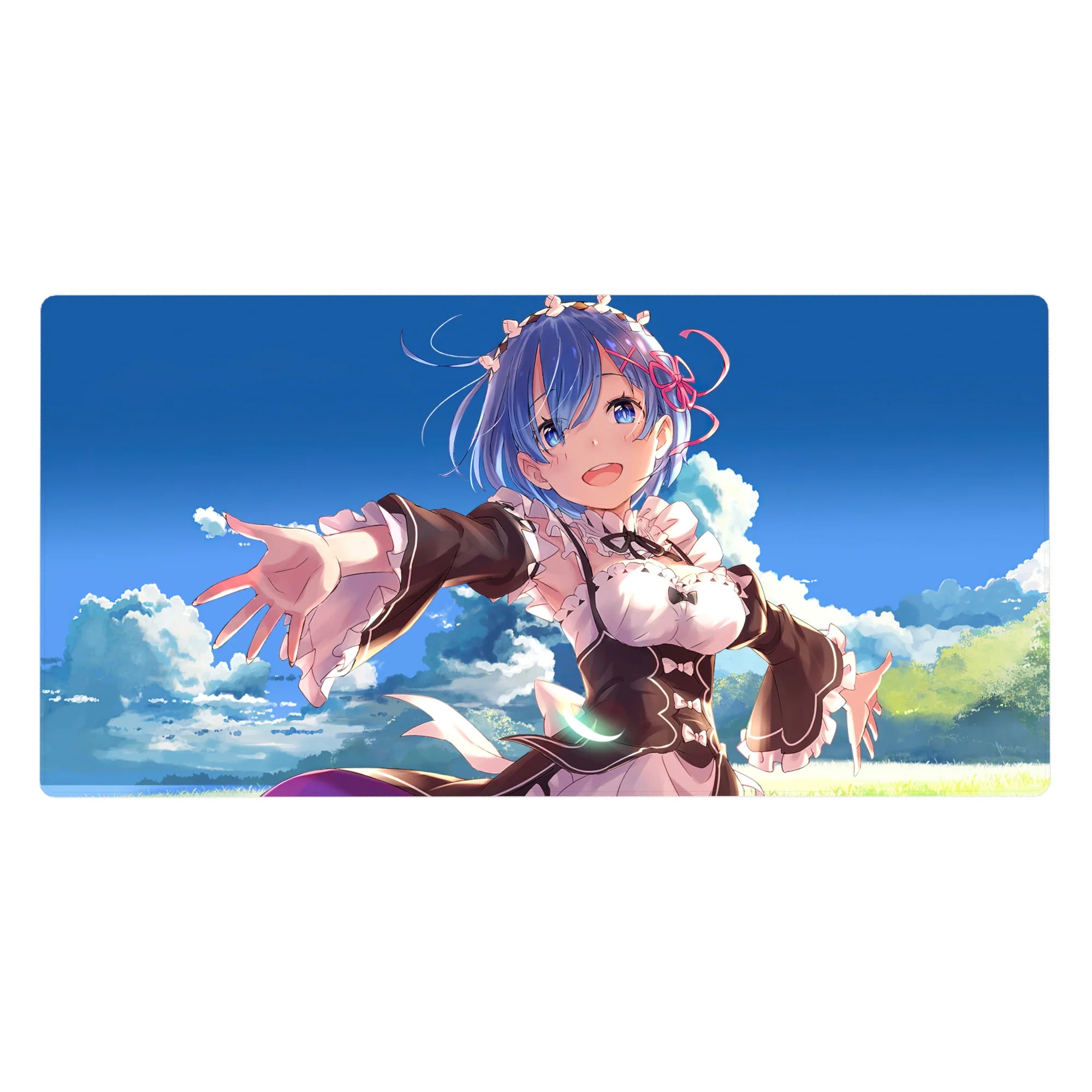 Anime desk pad featuring Rem from Re:Zero, 40x20 inches. Vivid colors and serene design brighten your workspace.