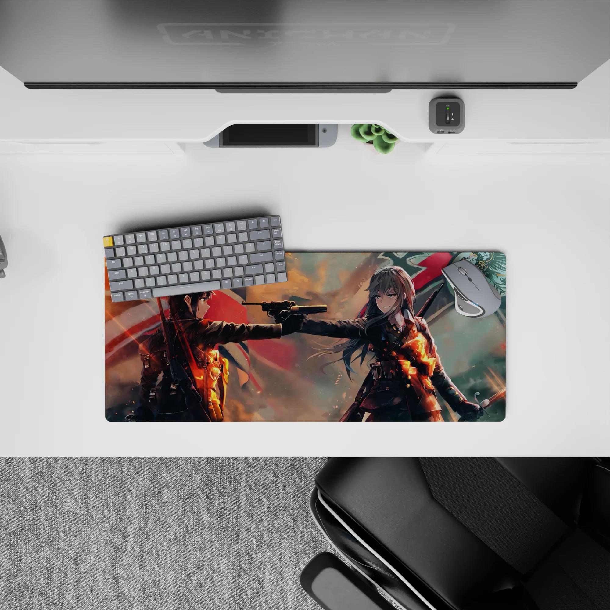 28x12 inches anime girl mouse pad in stormy orange glow with ember highlights, smoky shadows, bold red shapes.