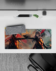 28x12 inches anime girl mouse pad in stormy orange glow with ember highlights, smoky shadows, bold red shapes.