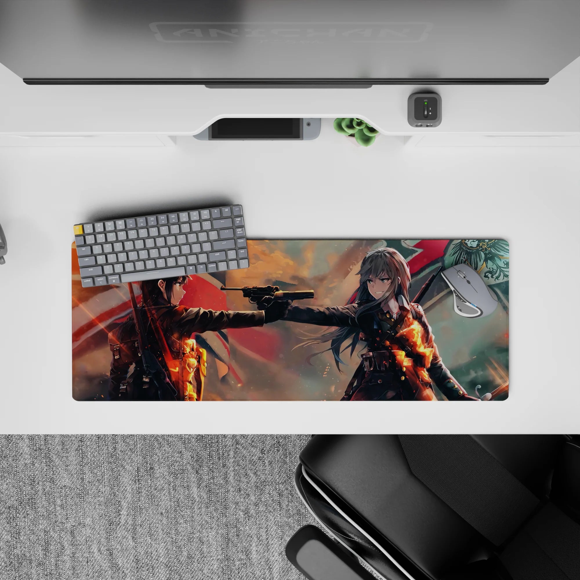 32x12 inches anime girl mouse pad in stormy orange glow with ember highlights, smoky shadows, cinematic mood.