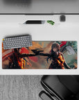 32x12 inches anime girl mouse pad in stormy orange glow with ember highlights, smoky shadows, cinematic mood.