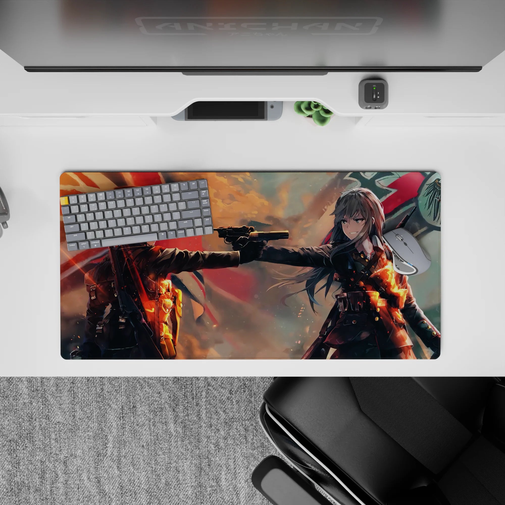 32x16 inches anime girl mouse pad in stormy orange and red tones, ember-lit uniforms and smoky shadows.
