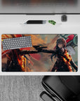 32x16 inches anime girl mouse pad in stormy orange and red tones, ember-lit uniforms and smoky shadows.