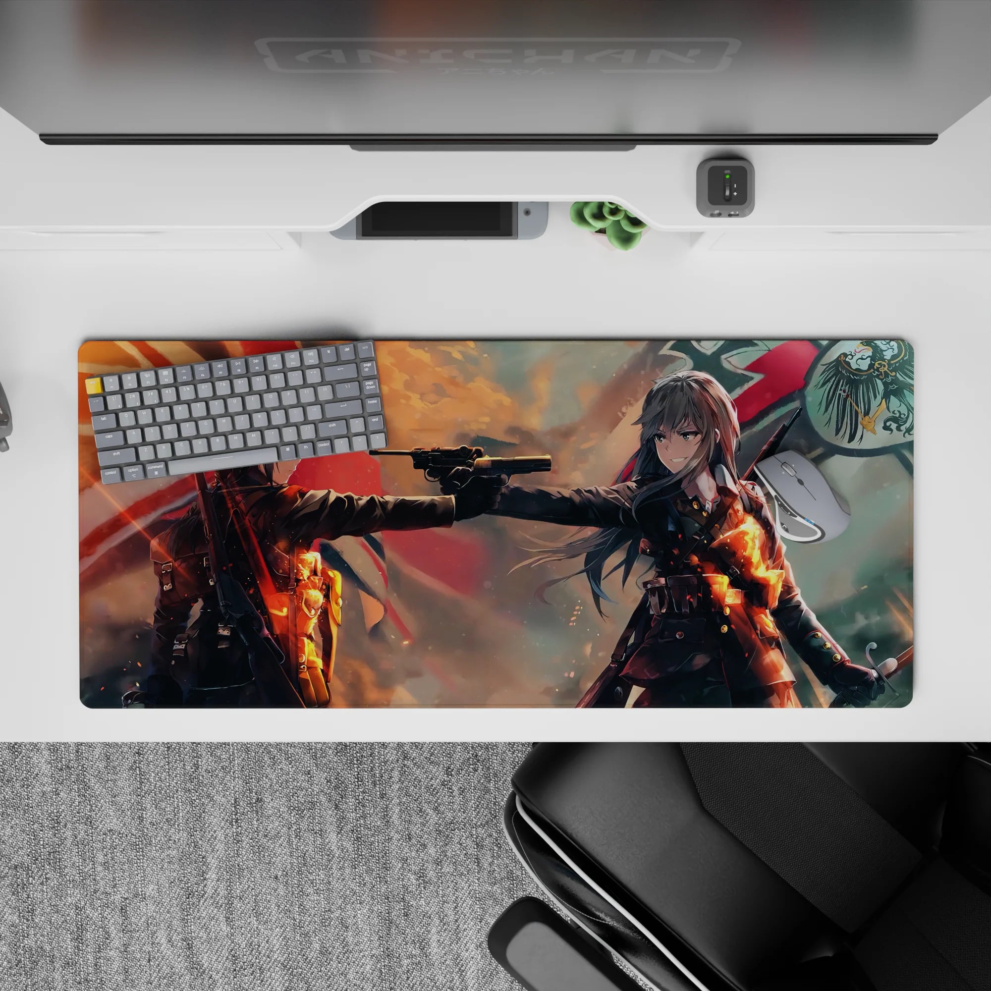 36x16 inches anime desk pad in stormy orange and red flag tones, ember glow, smoky shadows, dramatic mood.