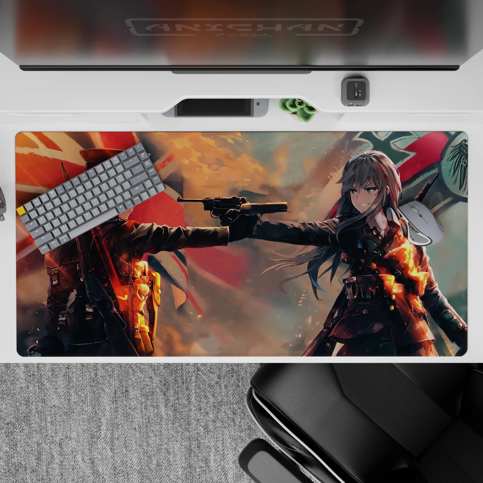 Anime girl desk pad 40x20 inches in stormy orange and red tones, ember highlights and smoky shadows.