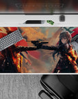 Anime girl desk pad 40x20 inches in stormy orange and red tones, ember highlights and smoky shadows.