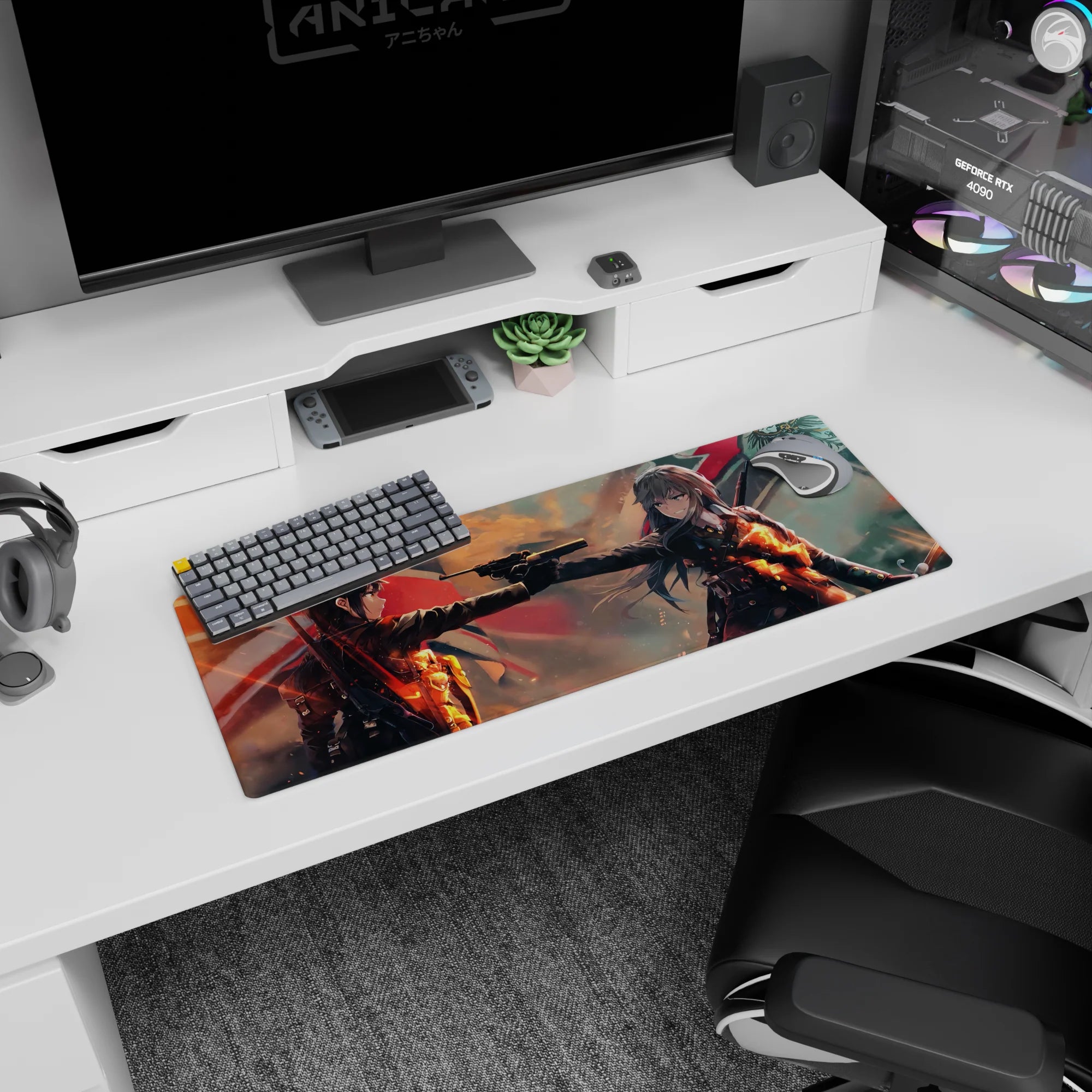 32x12 inches anime girl mouse pad showing two fierce girls facing off over a pistol under an orange sky.
