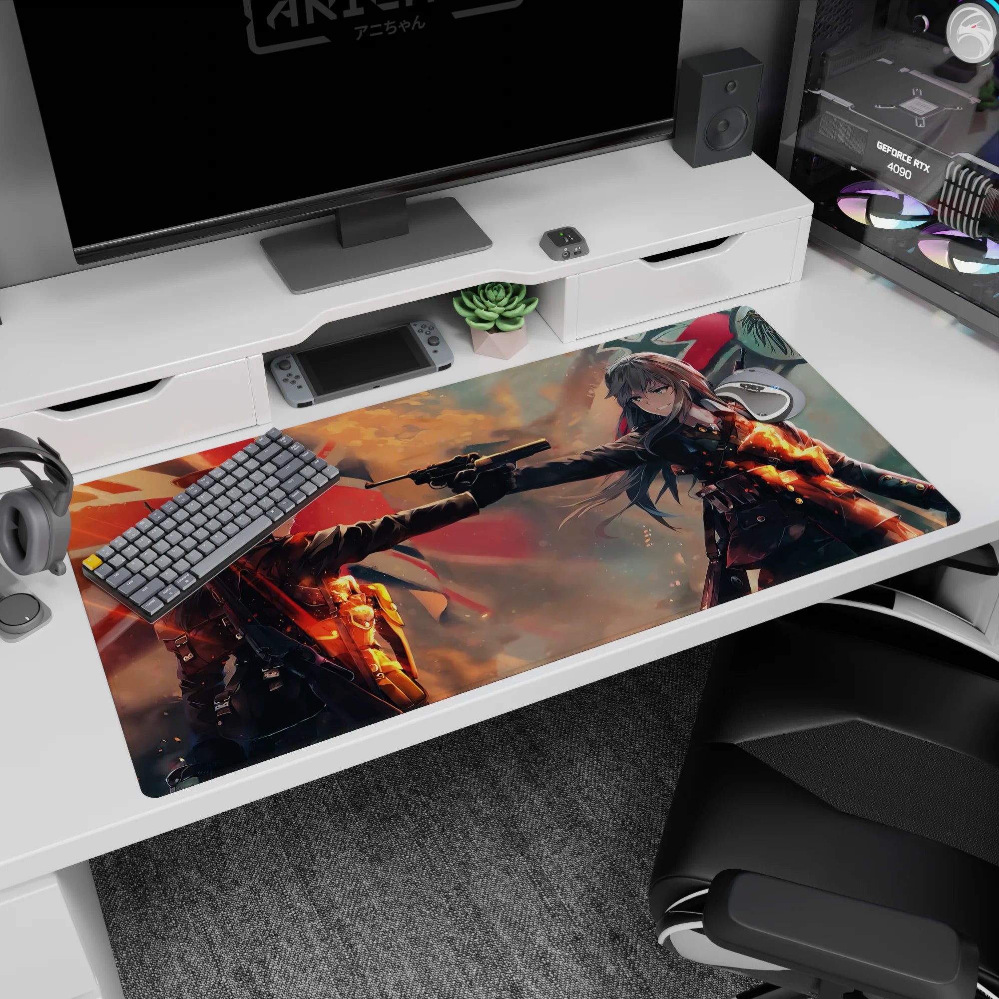 Anime girl desk pad 40x20 inches showing two fierce girls facing off over a pistol, red flags behind.