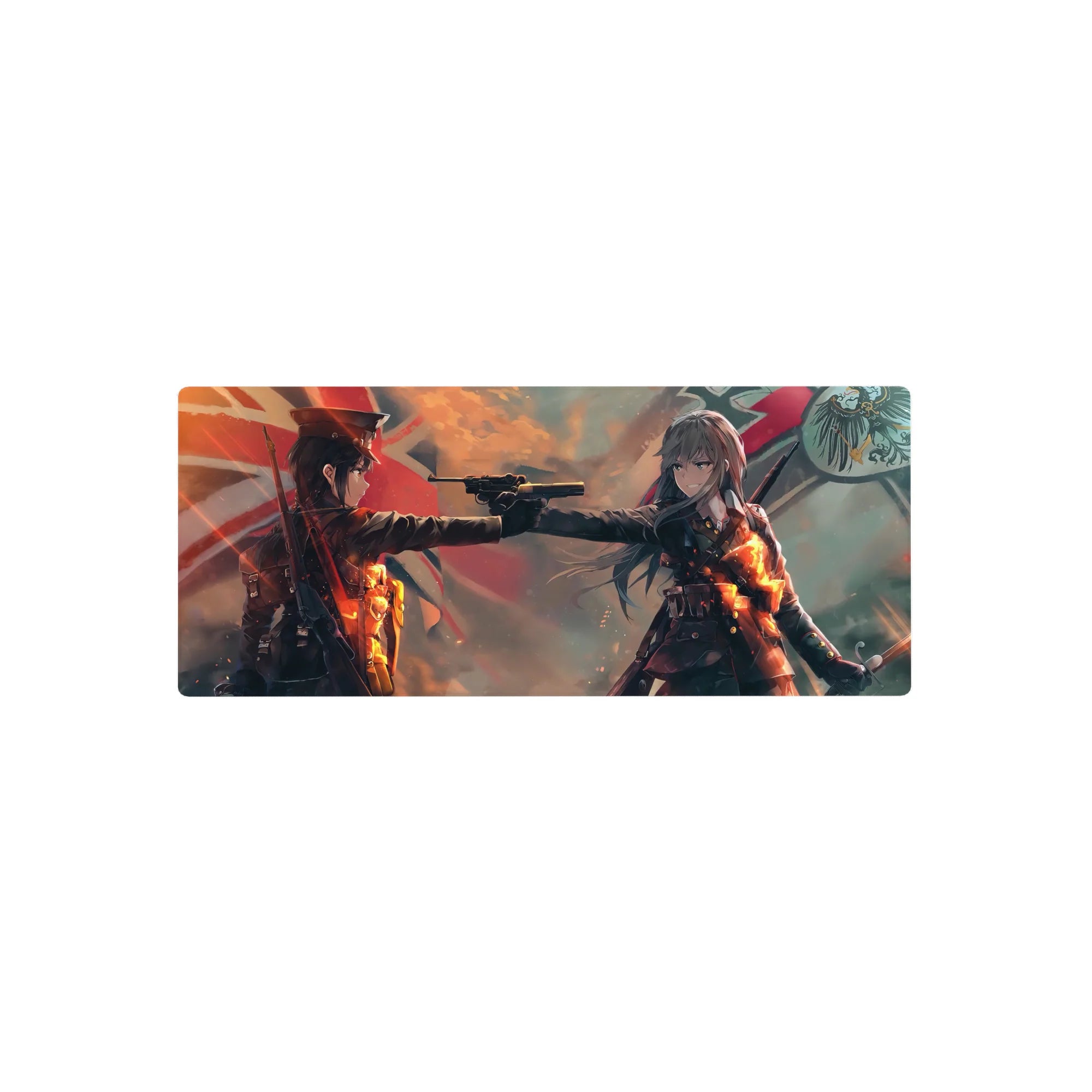 28x12 inches anime girl mouse pad with two military girls in a cinematic standoff, pistol centered, red flags.