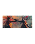 28x12 inches anime girl mouse pad with two military girls in a cinematic standoff, pistol centered, red flags.