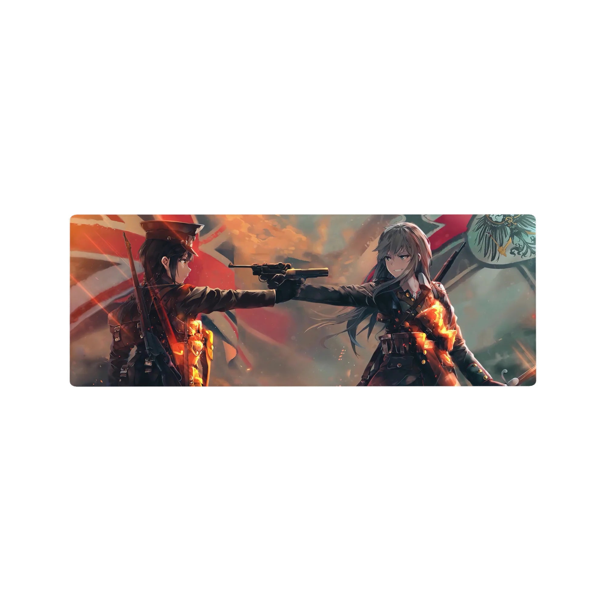 32x12 inches anime girl mouse pad with two girls in military coats, pistol standoff, red flags backdrop.