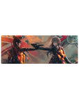 32x12 inches anime girl mouse pad with two girls in military coats, pistol standoff, red flags backdrop.