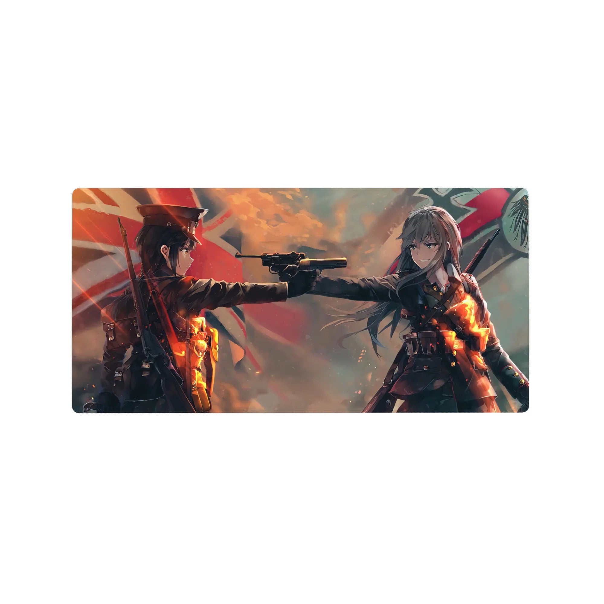 32x16 inches anime girl mouse pad with two military-coated girls in a pistol standoff, bold flag backdrop.
