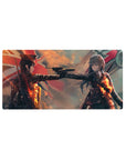 32x16 inches anime girl mouse pad with two military-coated girls in a pistol standoff, bold flag backdrop.
