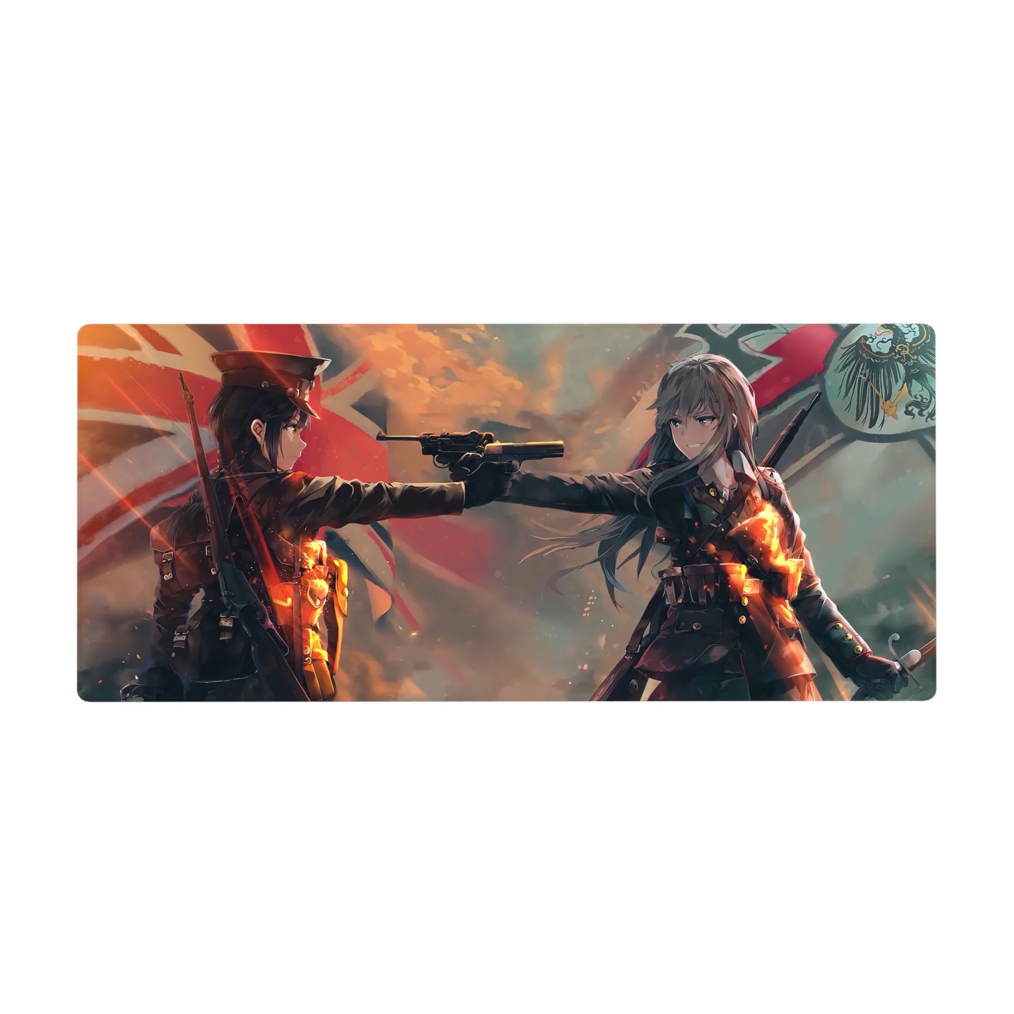 36x16 inches anime girl desk pad with two military-coat girls and pistol standoff, cinematic style.