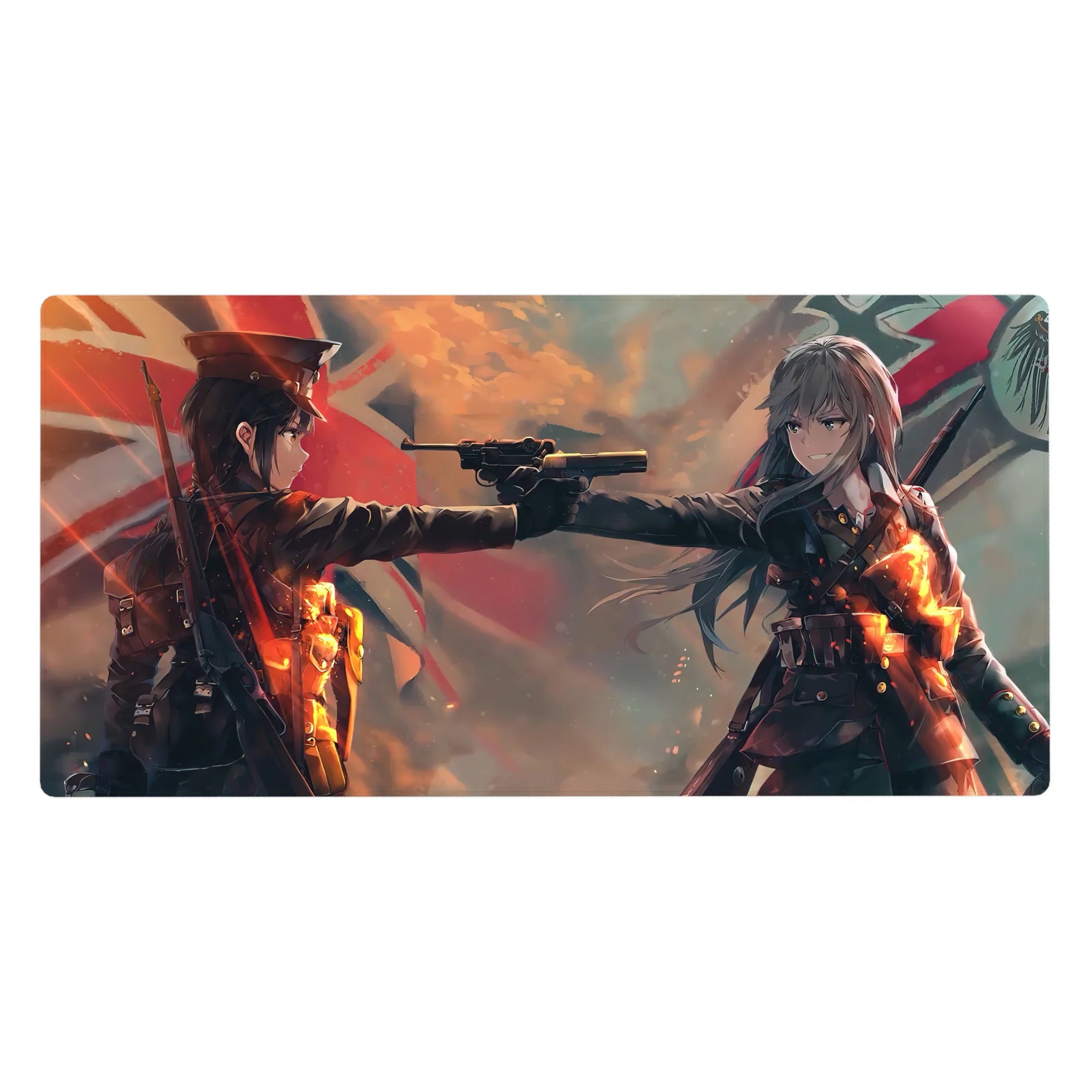 Anime girl desk pad 40x20 inches with cinematic standoff art, two girls in military coats and pistol.
